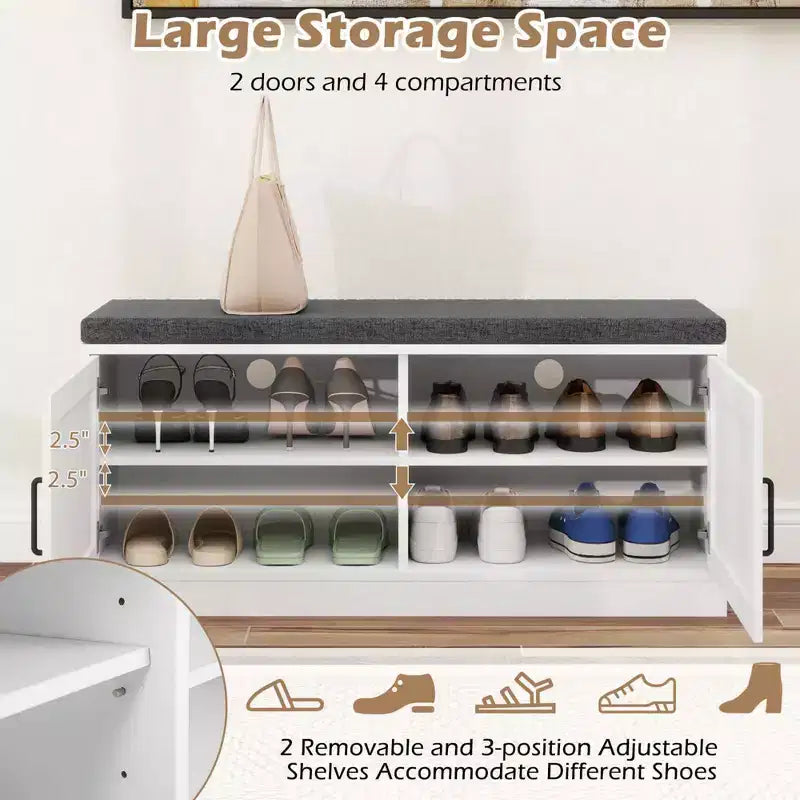 Costway Panchina Portascarpe Scarpiera con Cuscino 2 Ante 2 Ripiani Regolabili Stile Rustico