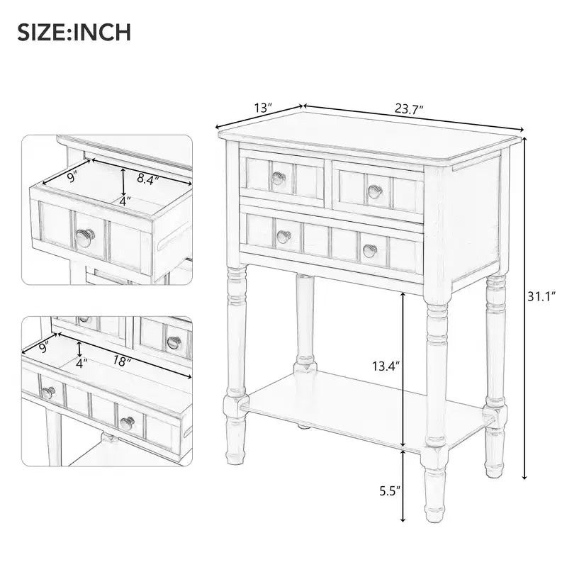 AndMakers 23.7 in. Rectangle Wood Console Table with 3 Drawers