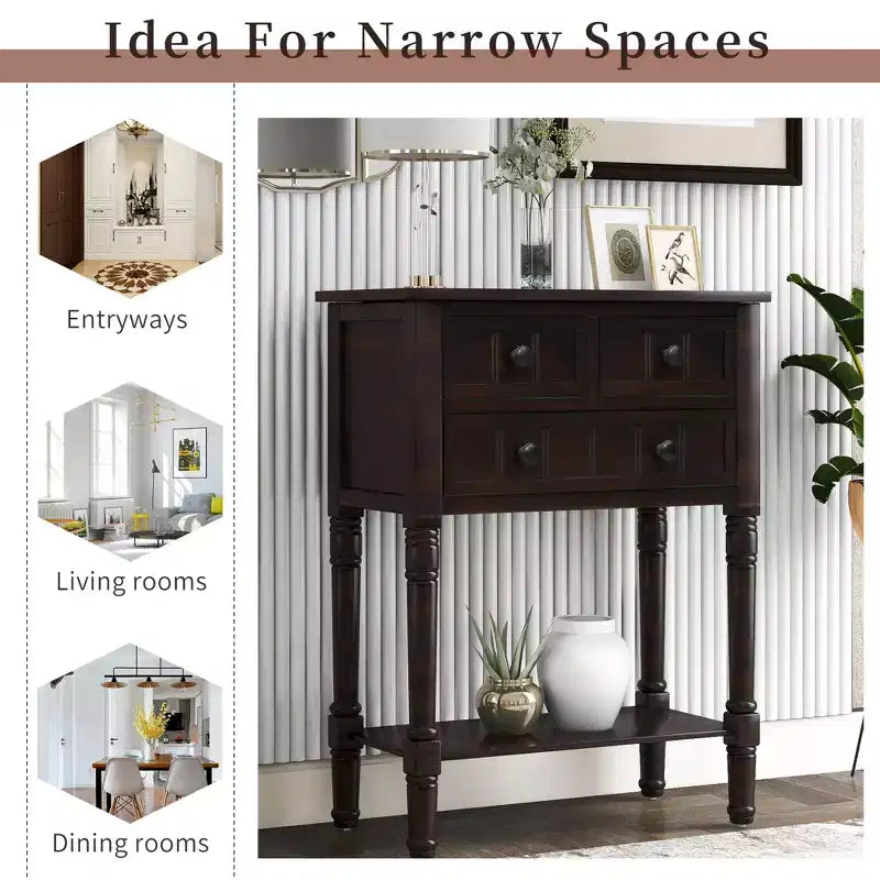 AndMakers 23.7 in. Rectangle Wood Console Table with 3 Drawers