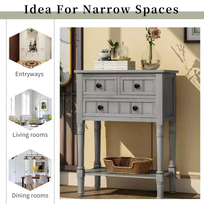 AndMakers 23.7 in. Rectangle Wood Console Table with 3 Drawers