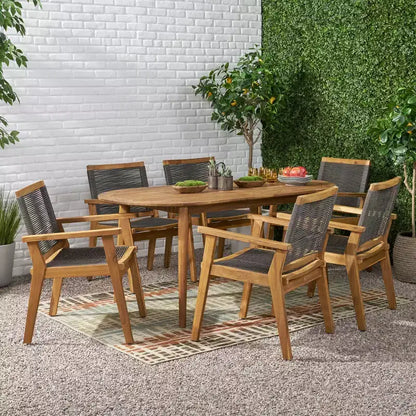 Christopher Knight Home Mcgill Outdoor Rope and Acacia Wood 7 Piece Dining Set, Teak/Dark Gray