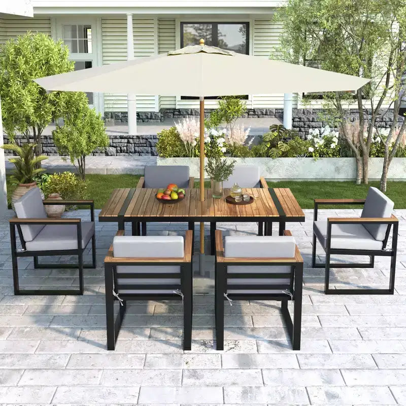 Whisen Set da Pranzo da Esterno 7 Pezzi, Tavolo e Sedie da Pranzo per Patio con Cuscini Rimovibili