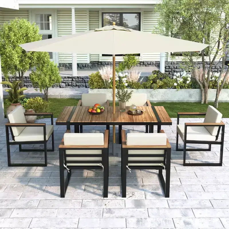 Whisen Set da Pranzo da Esterno 7 Pezzi, Tavolo e Sedie da Pranzo per Patio con Cuscini Rimovibili