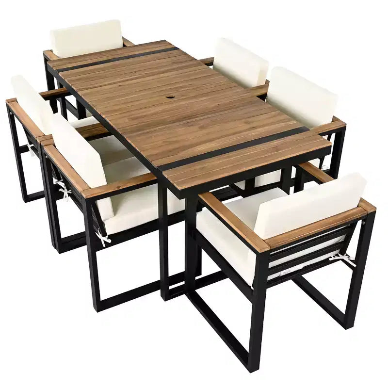 Whisen Set da Pranzo da Esterno 7 Pezzi, Tavolo e Sedie da Pranzo per Patio con Cuscini Rimovibili