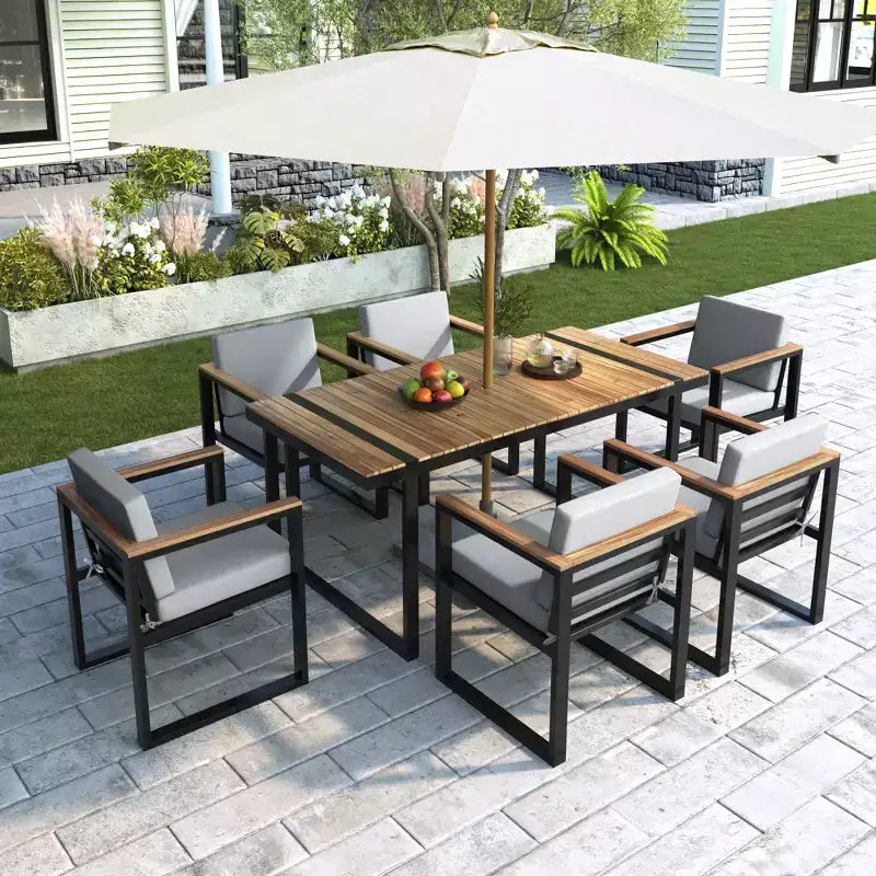 Whisen Set da Pranzo da Esterno 7 Pezzi, Tavolo e Sedie da Pranzo per Patio con Cuscini Rimovibili