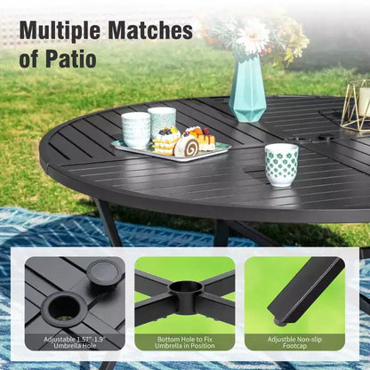 Set da pranzo da patio Captiva Designs con tavolo in acciaio a doghe e sedie in metallo con cuscini