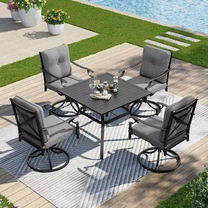 Set da pranzo da patio Captiva Designs con tavolo in acciaio a doghe e sedie in metallo con cuscini
