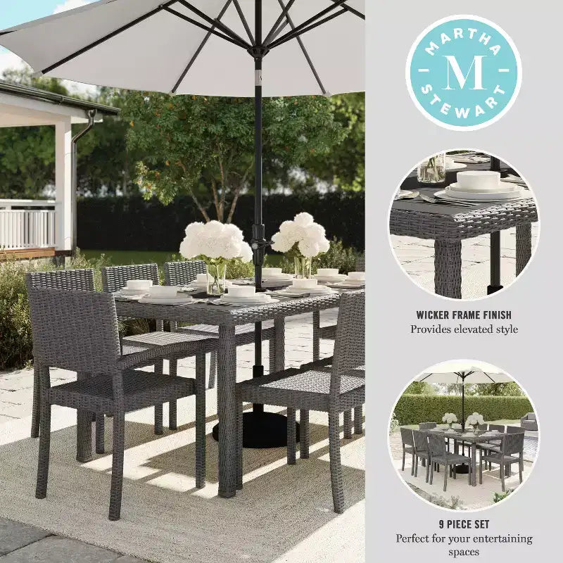 Martha Stewart Bedford 9-Piece Indoor-Outdoor Dining Set with 8 Stackable Dining Chairs and 71 Patio Table with Engineered Wood Top in Rattan Wicker