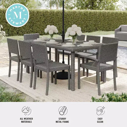 Martha Stewart Bedford 9-Piece Indoor-Outdoor Dining Set with 8 Stackable Dining Chairs and 71 Patio Table with Engineered Wood Top in Rattan Wicker