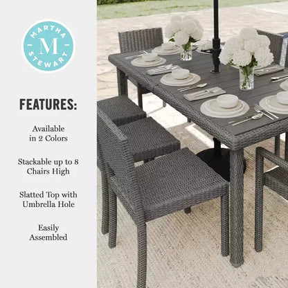 Martha Stewart Bedford 9-Piece Indoor-Outdoor Dining Set with 8 Stackable Dining Chairs and 71 Patio Table with Engineered Wood Top in Rattan Wicker