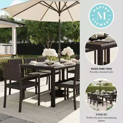 Martha Stewart Bedford 9-Piece Indoor-Outdoor Dining Set with 8 Stackable Dining Chairs and 71 Patio Table with Engineered Wood Top in Rattan Wicker