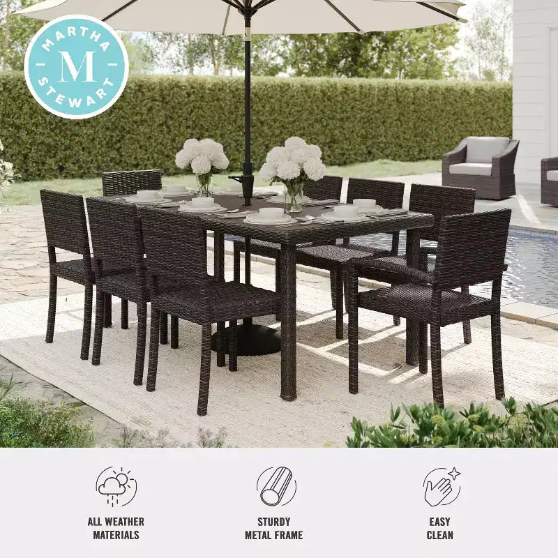Martha Stewart Bedford 9-Piece Indoor-Outdoor Dining Set with 8 Stackable Dining Chairs and 71 Patio Table with Engineered Wood Top in Rattan Wicker