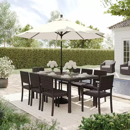 Martha Stewart Bedford 9-Piece Indoor-Outdoor Dining Set with 8 Stackable Dining Chairs and 71 Patio Table with Engineered Wood Top in Rattan Wicker