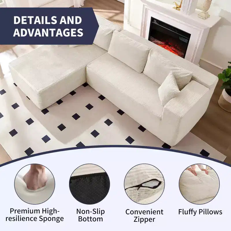 Mjkone Divano moderno a 2 pezzi in velluto a coste da 269 cm con combinazione libera a forma di L e seduta profonda, divani sezionali imbottiti con chaise longue sinistra