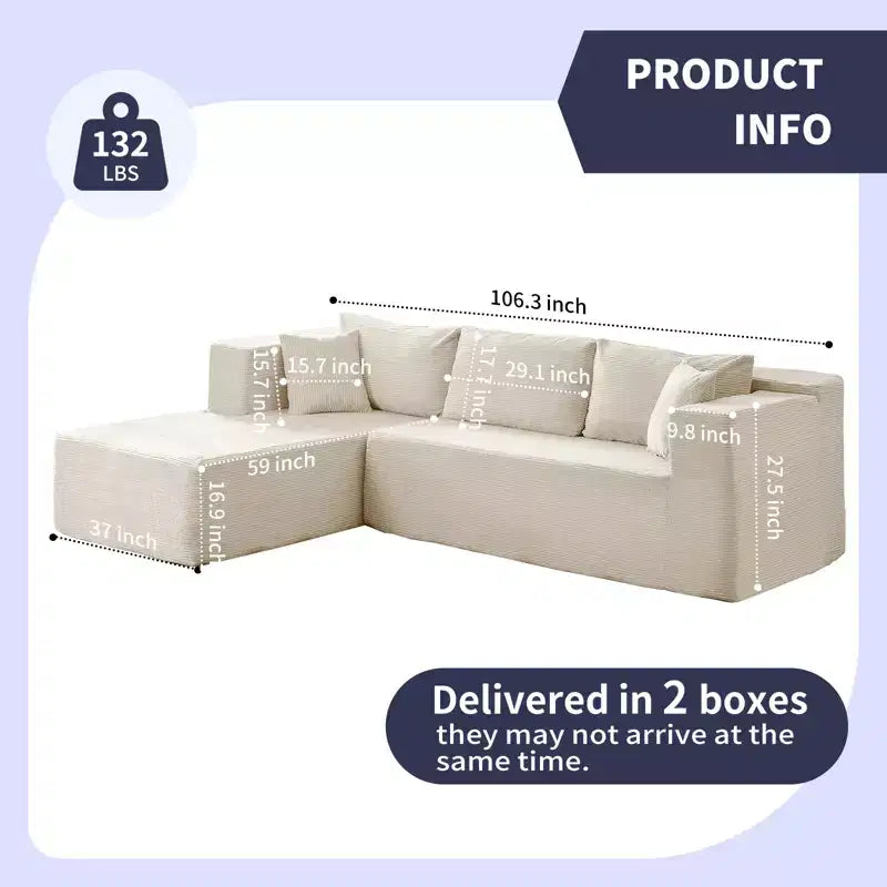 Mjkone Divano moderno a 2 pezzi in velluto a coste da 269 cm con combinazione libera a forma di L e seduta profonda, divani sezionali imbottiti con chaise longue sinistra