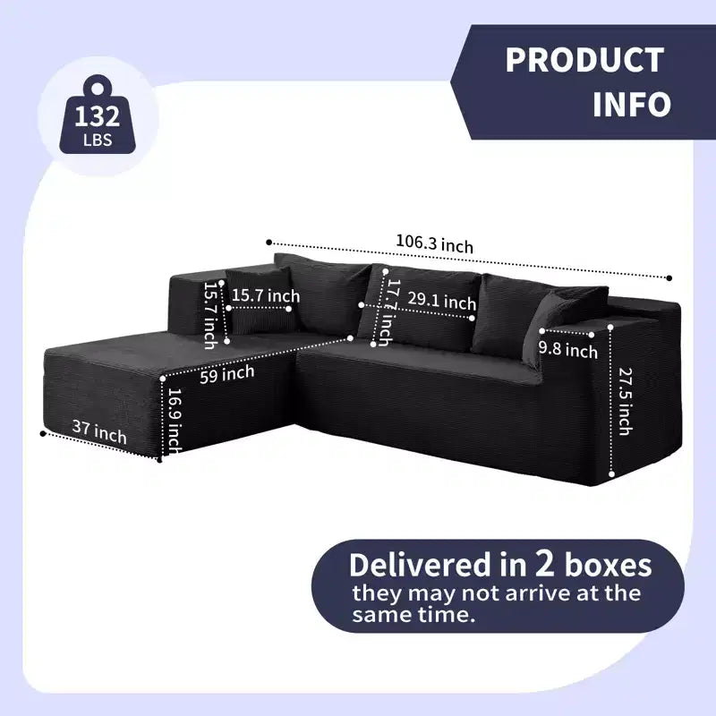 Mjkone Divano moderno a 2 pezzi in velluto a coste da 269 cm con combinazione libera a forma di L e seduta profonda, divani sezionali imbottiti con chaise longue sinistra