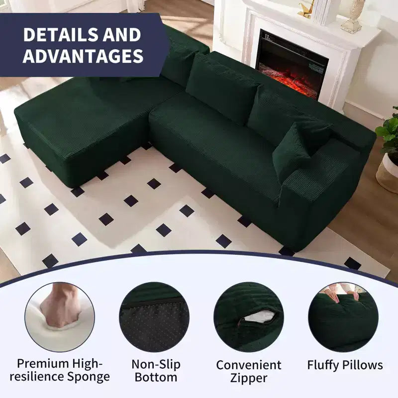 Mjkone Divano moderno a 2 pezzi in velluto a coste da 269 cm con combinazione libera a forma di L e seduta profonda, divani sezionali imbottiti con chaise longue sinistra