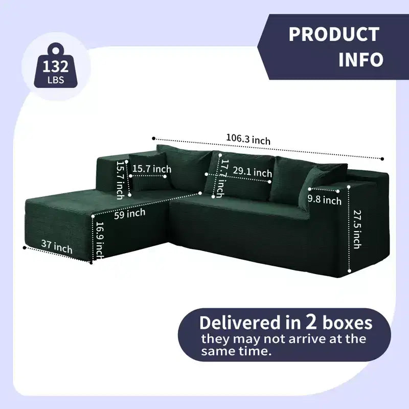 Mjkone Divano moderno a 2 pezzi in velluto a coste da 269 cm con combinazione libera a forma di L e seduta profonda, divani sezionali imbottiti con chaise longue sinistra