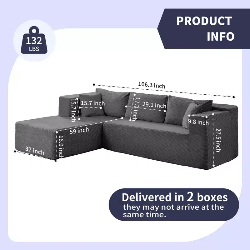 Mjkone Divano moderno a 2 pezzi in velluto a coste da 269 cm con combinazione libera a forma di L e seduta profonda, divani sezionali imbottiti con chaise longue sinistra