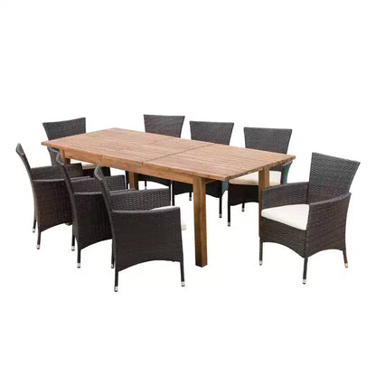 GDFStudio Kenerson Outdoor 9 Piece Wicker and Acacia Wood Dining Set with Expandable Dining Table, Teak/Multibrown