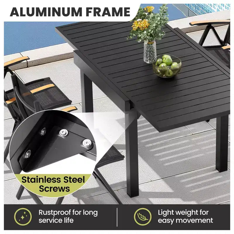 Crestlive Products Set da pranzo da esterno moderno in alluminio, tavolo da pranzo allungabile con sedie pieghevoli per 4-10 persone, per esterni