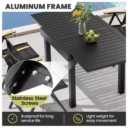 Crestlive Products Set da pranzo da esterno moderno in alluminio, tavolo da pranzo allungabile con sedie pieghevoli per 4-10 persone, per esterni