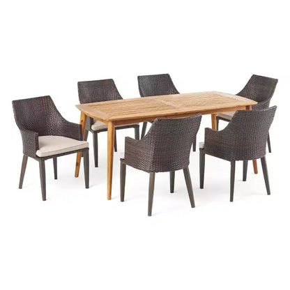 Christopher Knight Home Axel Set da pranzo da 7 pezzi da esterno in vimini e legno di acacia con cuscino, teak/marrone mélange
