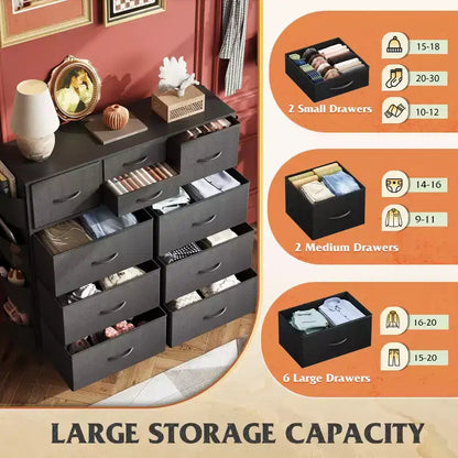 10-Drawer Fabric Dresser, Sturdy Metal Frame Organizer Unit with Side Pockets and Hooks for Bedroom, Living Room, Hallway, Black