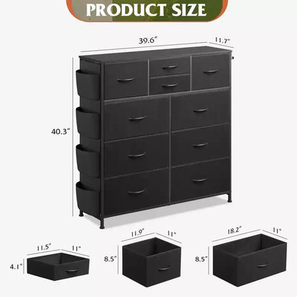 10-Drawer Fabric Dresser, Sturdy Metal Frame Organizer Unit with Side Pockets and Hooks for Bedroom, Living Room, Hallway, Black