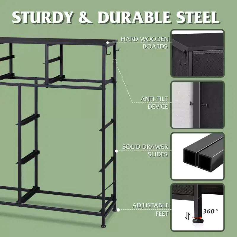 10-Drawer Fabric Dresser, Sturdy Metal Frame Organizer Unit with Side Pockets and Hooks for Bedroom, Living Room, Hallway, Black