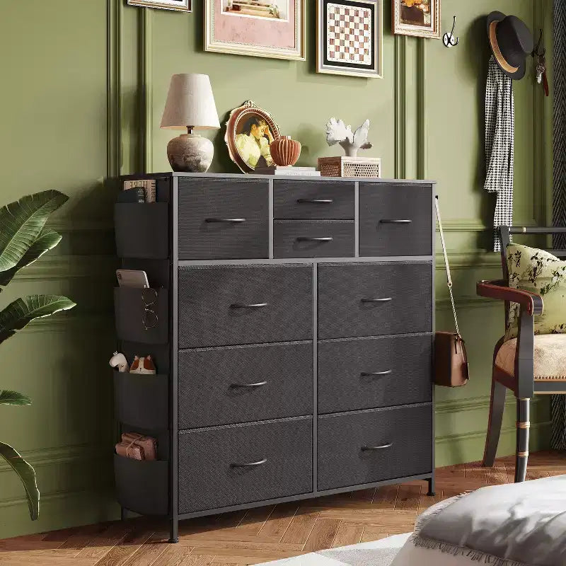 10-Drawer Fabric Dresser, Sturdy Metal Frame Organizer Unit with Side Pockets and Hooks for Bedroom, Living Room, Hallway, Black