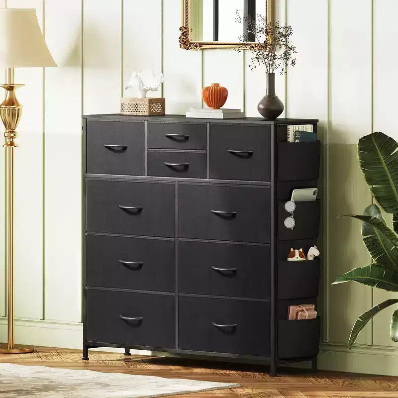 10-Drawer Fabric Dresser, Sturdy Metal Frame Organizer Unit with Side Pockets and Hooks for Bedroom, Living Room, Hallway, Black