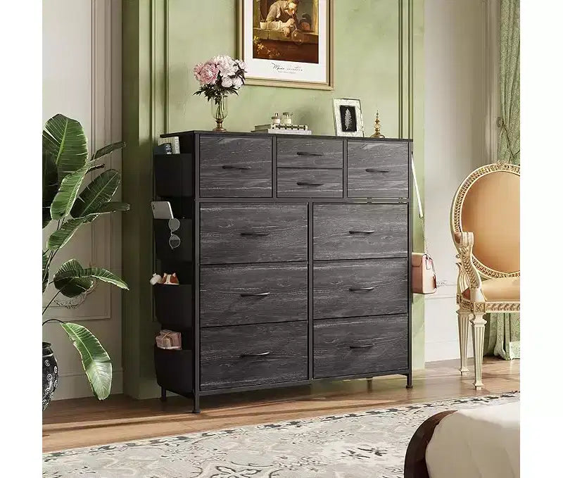 10-Drawer Fabric Dresser, Sturdy Metal Frame Organizer Unit with Side Pockets and Hooks for Bedroom, Living Room, Hallway, Black