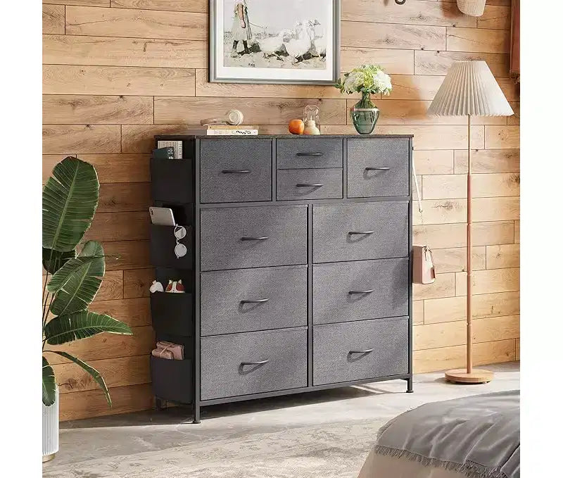 10-Drawer Fabric Dresser, Sturdy Metal Frame Organizer Unit with Side Pockets and Hooks for Bedroom, Living Room, Hallway, Black