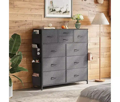 10-Drawer Fabric Dresser, Sturdy Metal Frame Organizer Unit with Side Pockets and Hooks for Bedroom, Living Room, Hallway, Black