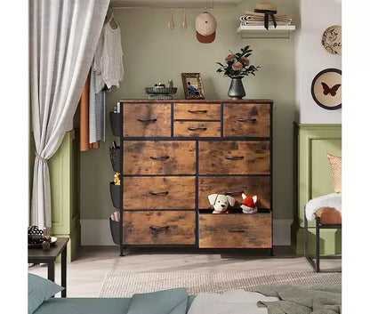 10-Drawer Fabric Dresser, Sturdy Metal Frame Organizer Unit with Side Pockets and Hooks for Bedroom, Living Room, Hallway, Black