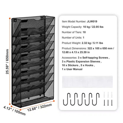 VEVOR Portadocumenti da Parete, Supporto per Archivio da Parete in Rete a 10 Tasche, Organizzatore da Parete in Metallo per Riviste, Posta, Carta e Documenti