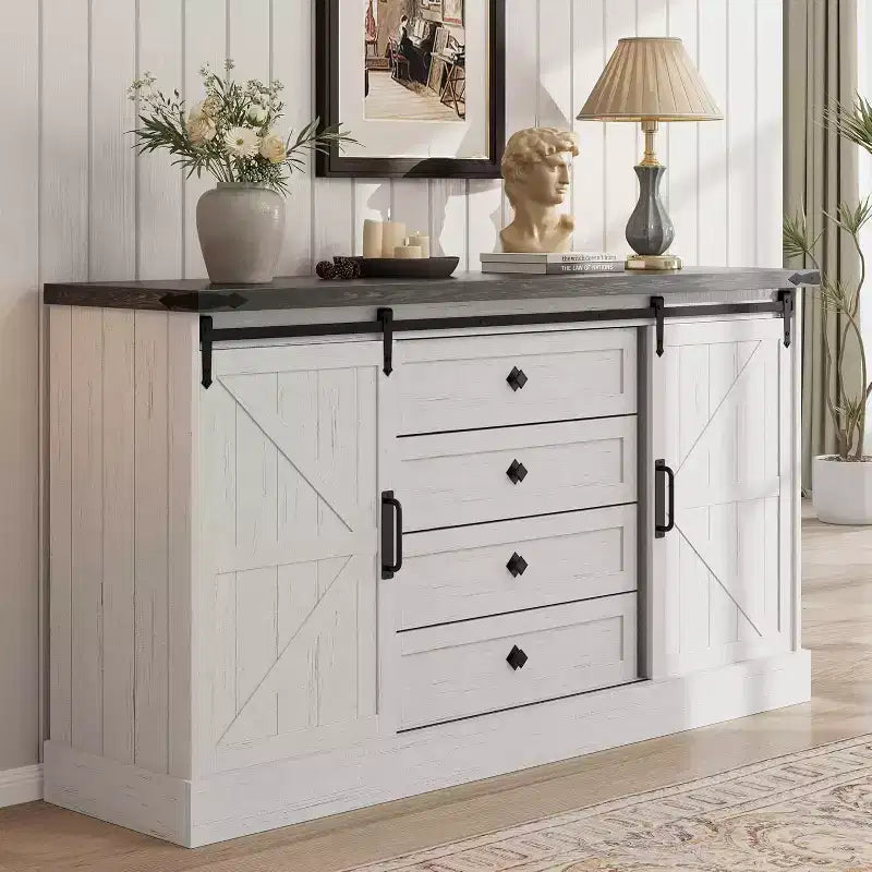 Farmhouse 4 Drawer Dresser, 59 Wood Dressers with Sliding Barn Doors, TV Stand with Drawers & Bar Handles, Chests of Drawers for Living Room, Bedroom