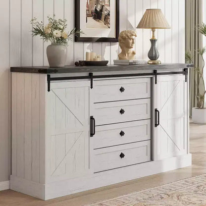 Farmhouse 4 Drawer Dresser, 59 Wood Dressers with Sliding Barn Doors, TV Stand with Drawers & Bar Handles, Chests of Drawers for Living Room, Bedroom