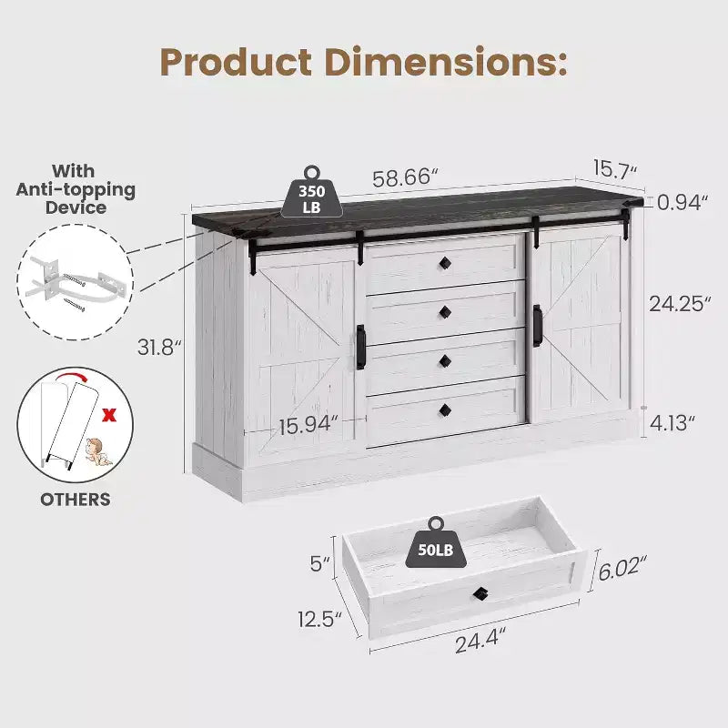 Farmhouse 4 Drawer Dresser, 59 Wood Dressers with Sliding Barn Doors, TV Stand with Drawers & Bar Handles, Chests of Drawers for Living Room, Bedroom