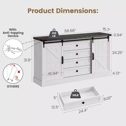 Farmhouse 4 Drawer Dresser, 59 Wood Dressers with Sliding Barn Doors, TV Stand with Drawers & Bar Handles, Chests of Drawers for Living Room, Bedroom