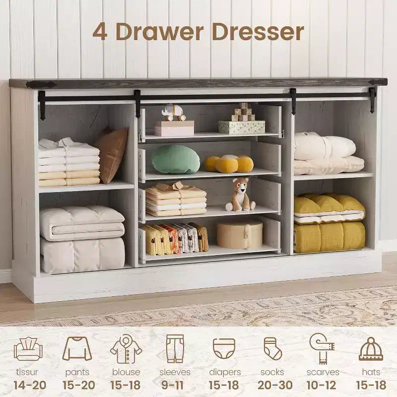 Farmhouse 4 Drawer Dresser, 59 Wood Dressers with Sliding Barn Doors, TV Stand with Drawers & Bar Handles, Chests of Drawers for Living Room, Bedroom
