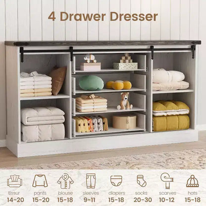 Farmhouse 4 Drawer Dresser, 59 Wood Dressers with Sliding Barn Doors, TV Stand with Drawers & Bar Handles, Chests of Drawers for Living Room, Bedroom