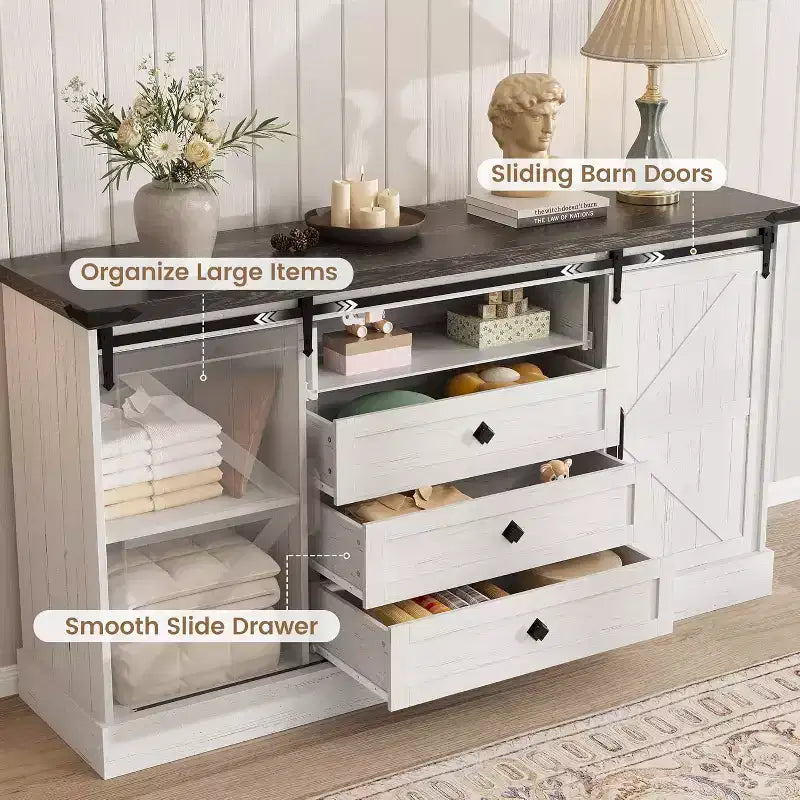 Farmhouse 4 Drawer Dresser, 59 Wood Dressers with Sliding Barn Doors, TV Stand with Drawers & Bar Handles, Chests of Drawers for Living Room, Bedroom