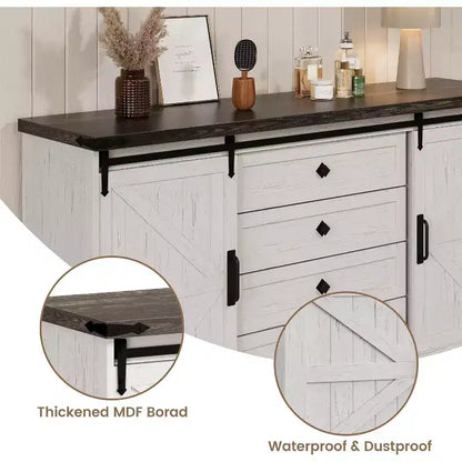 Farmhouse 4 Drawer Dresser, 59 Wood Dressers with Sliding Barn Doors, TV Stand with Drawers & Bar Handles, Chests of Drawers for Living Room, Bedroom