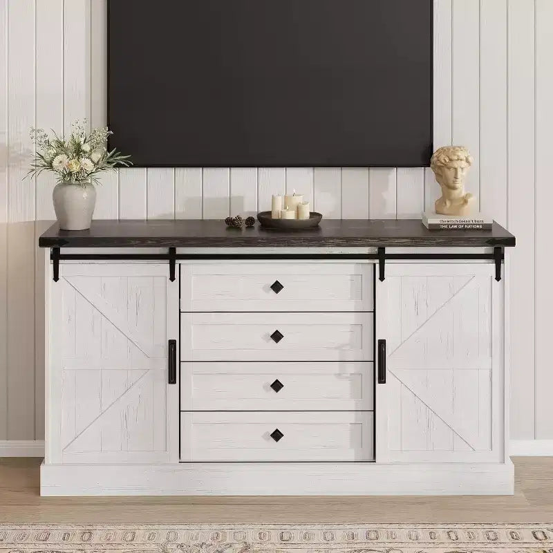 Farmhouse 4 Drawer Dresser, 59 Wood Dressers with Sliding Barn Doors, TV Stand with Drawers & Bar Handles, Chests of Drawers for Living Room, Bedroom