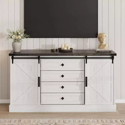 Farmhouse 4 Drawer Dresser, 59 Wood Dressers with Sliding Barn Doors, TV Stand with Drawers & Bar Handles, Chests of Drawers for Living Room, Bedroom