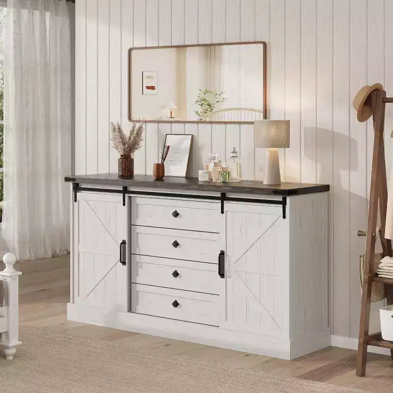 Farmhouse 4 Drawer Dresser, 59 Wood Dressers with Sliding Barn Doors, TV Stand with Drawers & Bar Handles, Chests of Drawers for Living Room, Bedroom