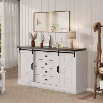 Farmhouse 4 Drawer Dresser, 59 Wood Dressers with Sliding Barn Doors, TV Stand with Drawers & Bar Handles, Chests of Drawers for Living Room, Bedroom