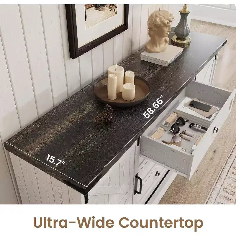 Farmhouse 4 Drawer Dresser, 59 Wood Dressers with Sliding Barn Doors, TV Stand with Drawers & Bar Handles, Chests of Drawers for Living Room, Bedroom
